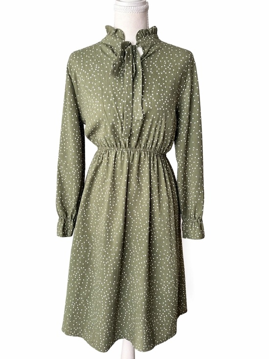 Custom Made Dresses & Skirts - Olive Green Polka Dot Ruffle Tie-Neck Long Sleeve Dress